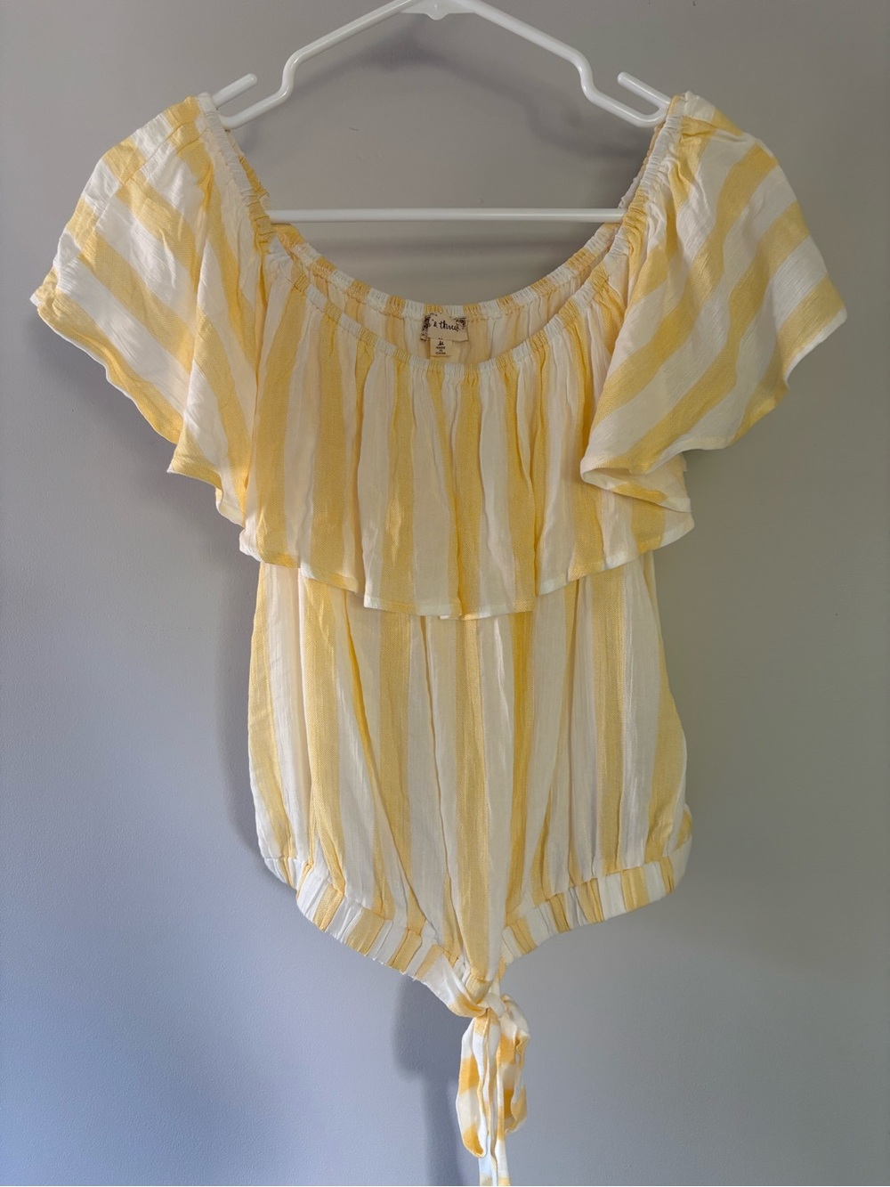 Poem&Thread Yellow Stripe Ruffle Off the Shoulder Top